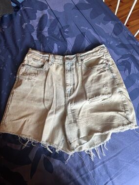 American Eagle Outfitters Beige Distressed High-Rise Denim Shorts